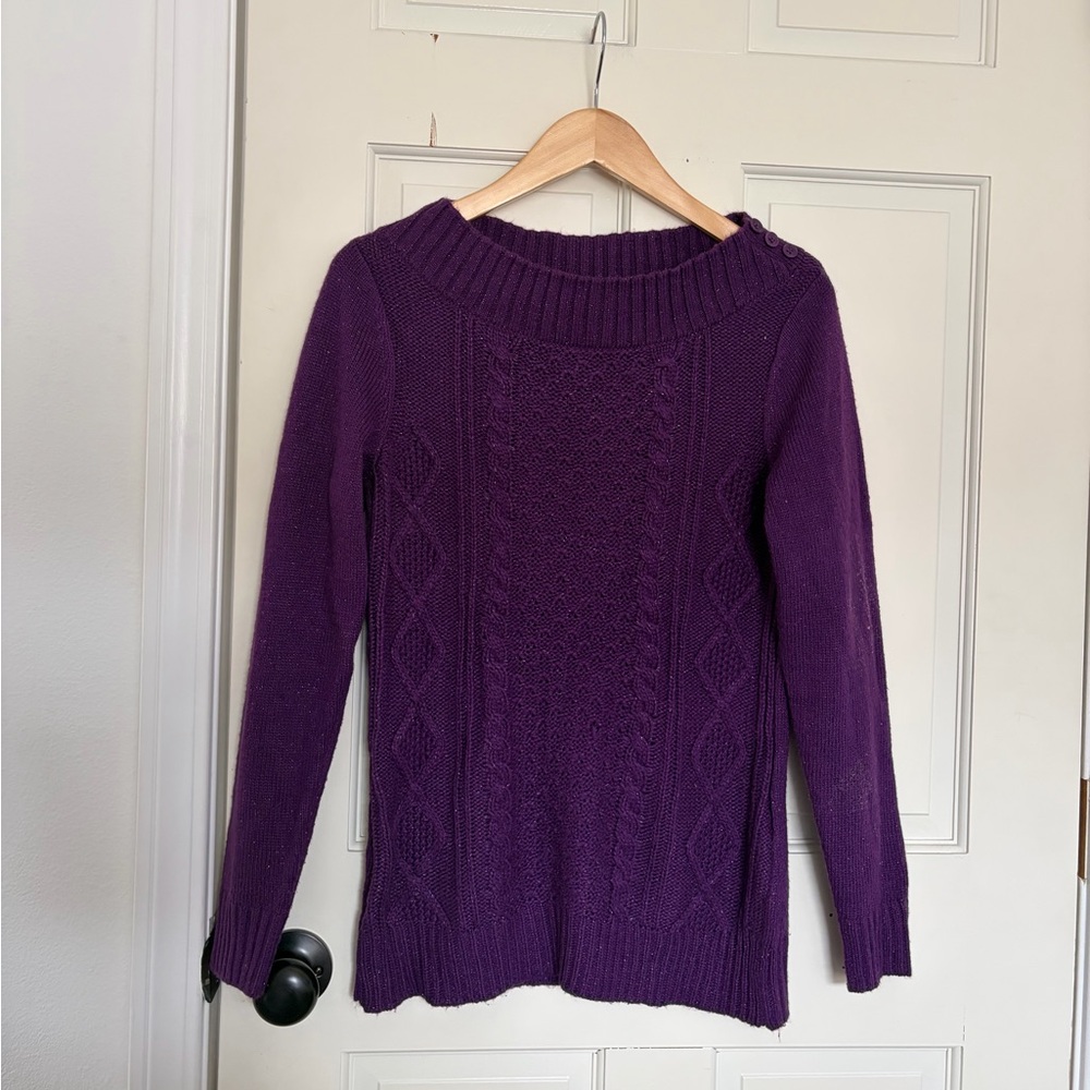 New York & Company Deep Purple Cable-Detail Crewneck Sweater